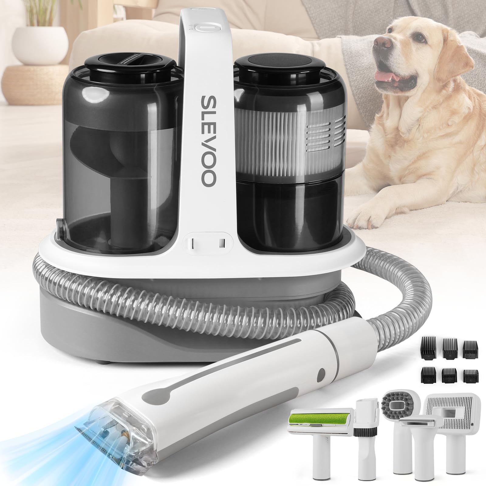 Slevoo Pet Grooming Kit HEPA Filter Dog Grooming Vacuum with 6 Pet Grooming Tools for Dog Hair Trimming Brushing Shedding 1.5L Dust Cup Low Noise Cat and Dog Hair Vacuum Groomer (Blue)