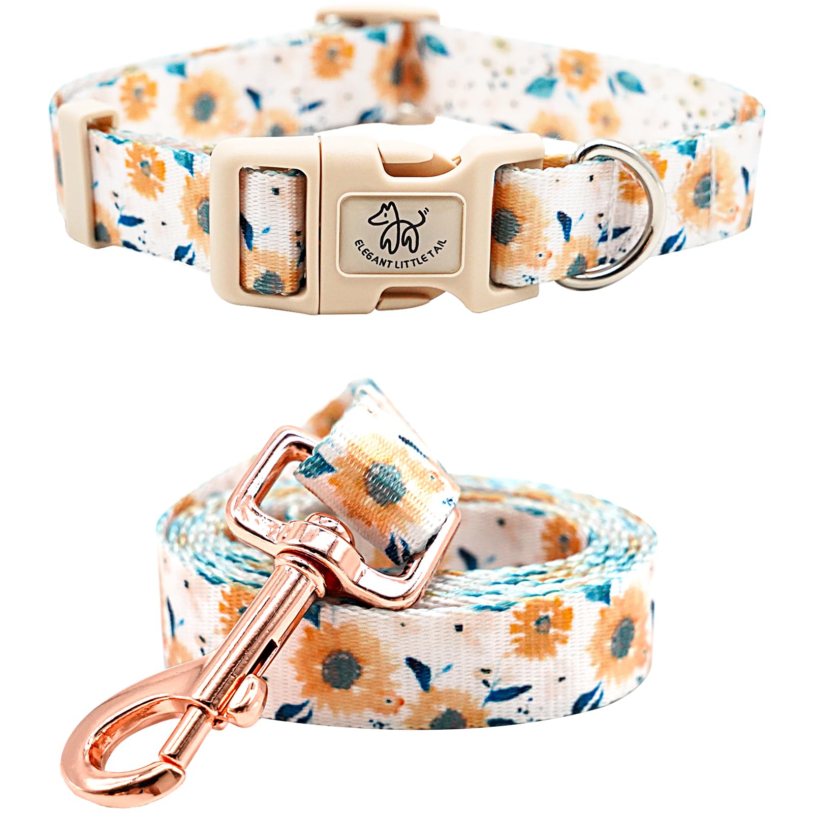 Elegant little tail Dog Collar with Leash Sunflower Print Pet Collar Leash Adjustable Collar for Small Medium Large Dogs Soft Puppy Collars with Quick Release Buckle Girl Boy Dog Collars