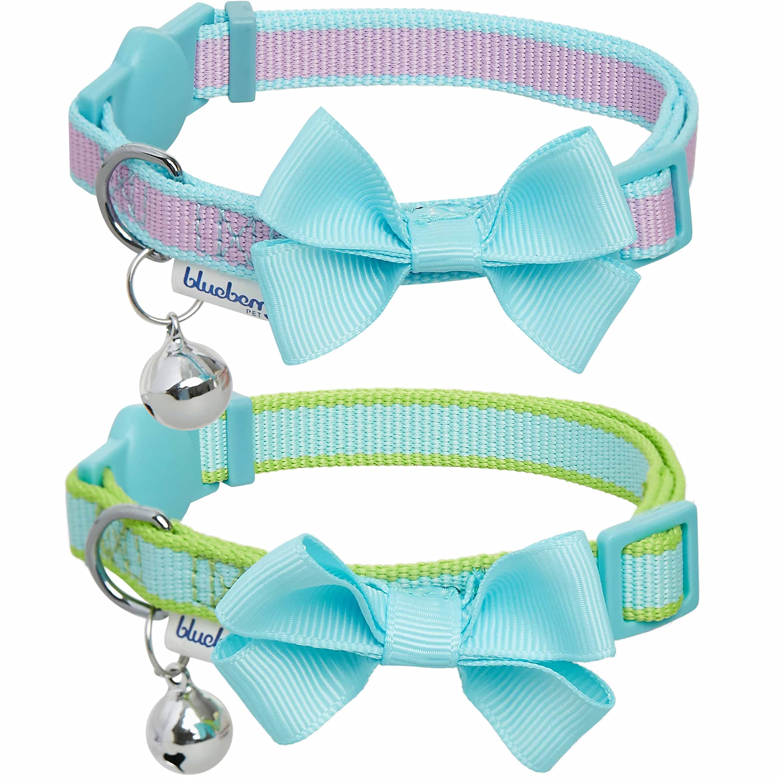 Blueberry Pet Pack of 2 Cat Collars Classic Solid Adjustable Breakaway Cat Collar with Bell and Bow Tie Fresh Mint Neck 9"-13"